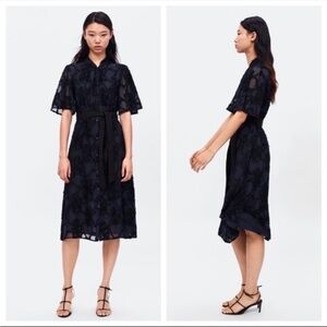 Navy Blue Mandarin Collar Embellished Midi Dress